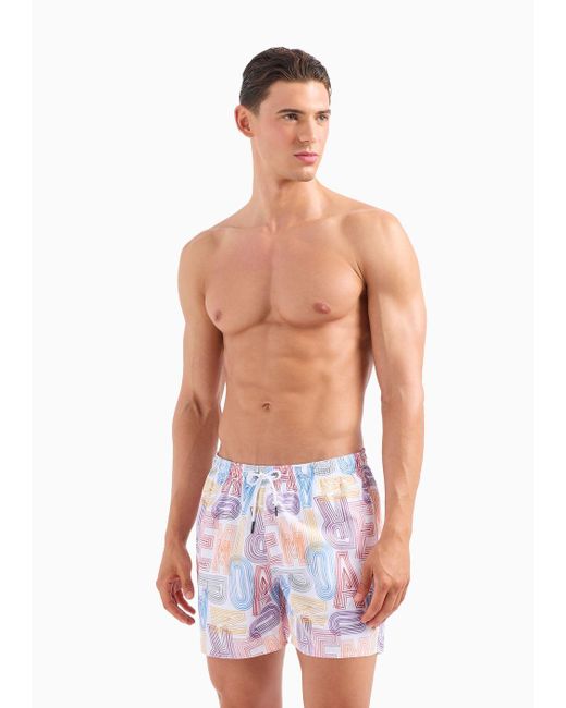 Bañador Modelo Pantalón Corto De Tejido Reciclado Con Macrologotipo Estampado Asv Emporio Armani de hombre de color White