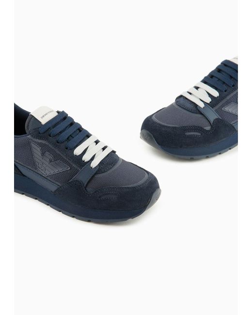 Emporio Armani Blue Mesh Sneakers With Suede Details And Eagle Patch