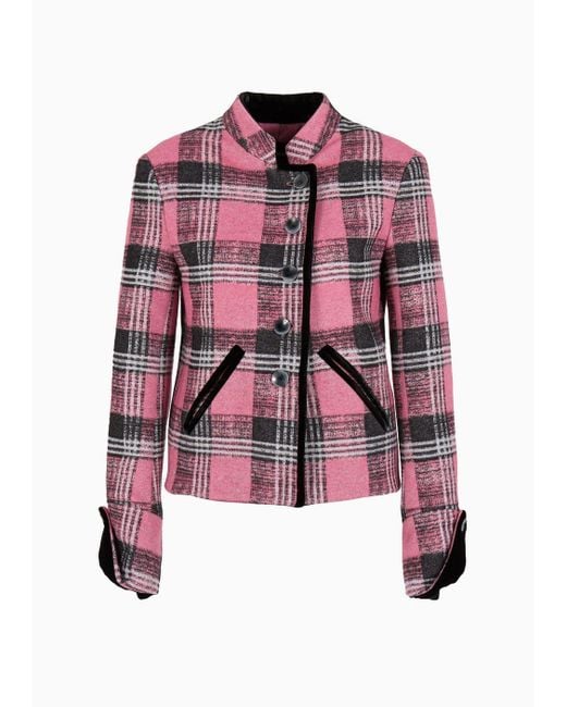 Emporio Armani Pink Tartan Wool-blend Jacket With Velvet Details