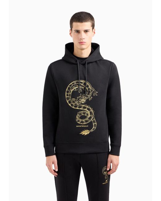 Emporio Armani Sweatshirt Mit Kapuze Aus Doppellagigem Jersey Mit Drachen-stickerei in Black für Herren