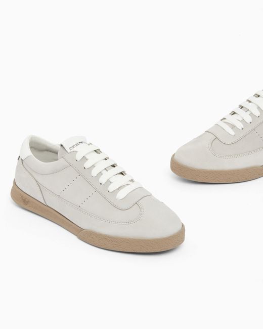 Emporio Armani White Nubuck Sneakers With Perforated Details And A Rubber Sole