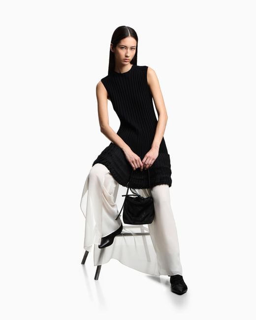 Emporio Armani Black Ribbed-Knit Dress With Pleated Detail