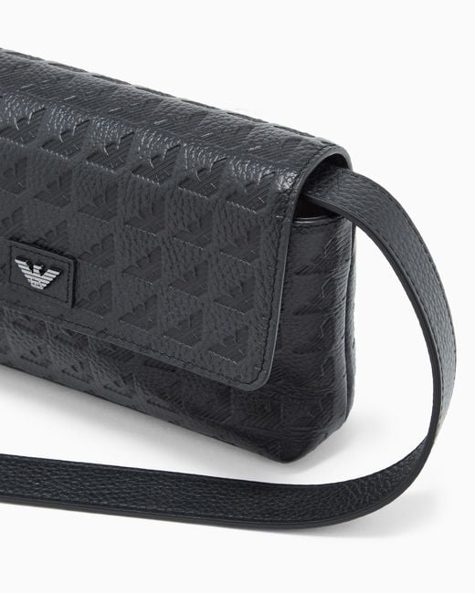 Emporio Armani Black Leather Crossbody Bag With Embossed Geometric Pattern for men