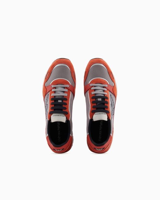 Emporio Armani Red Mesh Sneakers With Suede Details And Eagle Patch for men