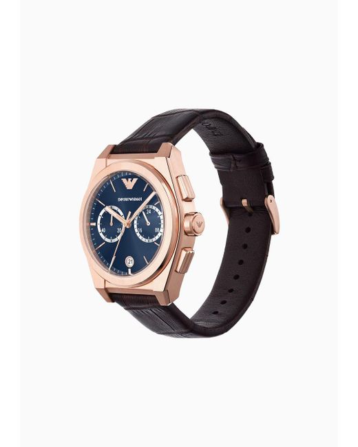 Emporio Armani Blue Chronograph Brown Leather Watch for men