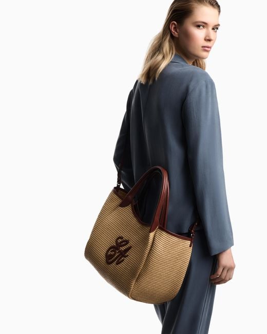 Emporio Armani Natural Woven Straw Medium Shopper Bag With Ea Logo