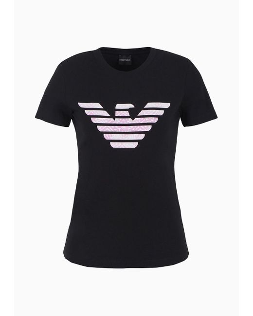 Emporio Armani Black Asv T-shirt Aus Bio-stretchjersey Mit Großem Adler-muster