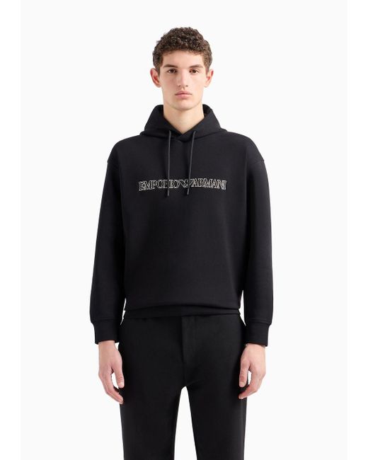 Emporio Armani Black Oversized Double-jersey Hooded Sweatshirt With Logo Embroidery Trim for men