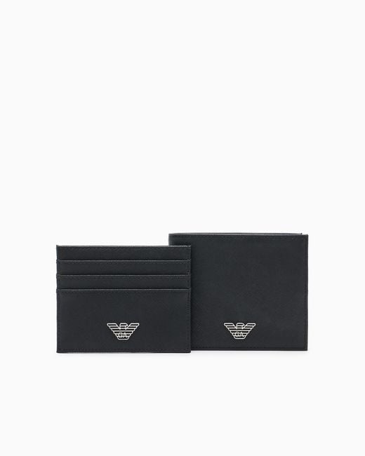Emporio Armani Black Gift Box Containing Regenerated Saffiano Leather Wallet And Card Holder With Eagle Plate for men