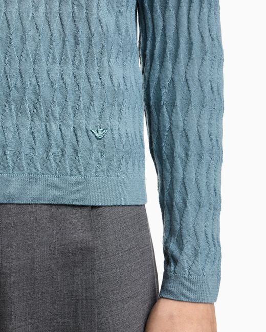 Emporio Armani Blue Diamond Stitch Virgin Wool Crewneck Sweater for men