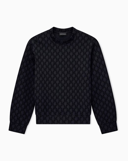 Emporio Armani Blue Double Jersey Sweatshirt With All-Over Logo Print for men