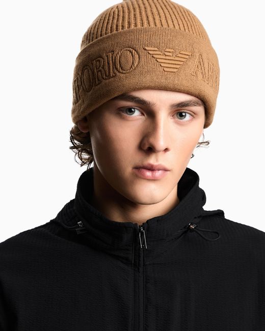Gorro De Lana Con Vuelta Con Logotipo Emporio Armani de hombre de color Brown