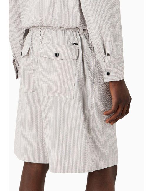 Emporio Armani White Drawstring Bermuda Shorts In Striped Seersucker Fabric for men