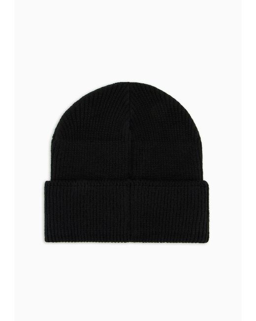 Emporio Armani Black Ribbed Wool-blend Beanie With Oversized Jacquard Eagle for men