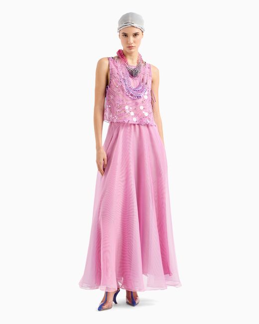 Emporio Armani Pink Silk Organza Top With Embroidery And Sequins