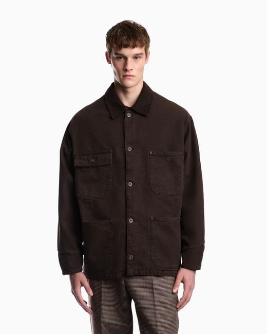 Emporio Armani Brown Cotton Caban Coat With A Corduroy Collar And Patch Pockets for men