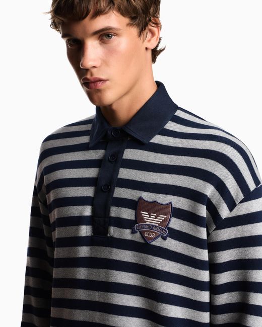 Emporio Armani Blue Eagle Club Striped Jersey Polo Shirt With Patch for men