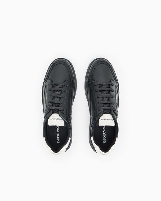 Emporio Armani Black Leather Sneaker With Tumbled Finish And Padded Collar for men