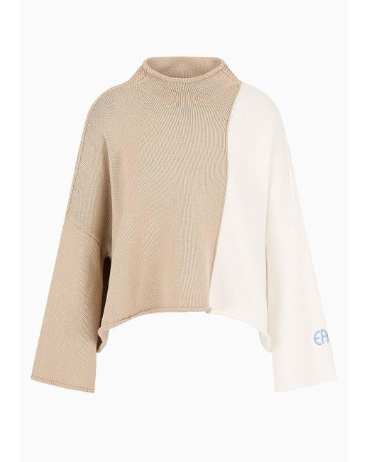 Emporio Armani Natural Funnel-neck Jumper With Intarsia And Embroidered Logo