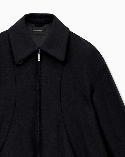 Emporio Armani Black Mixed Wool Twill Coat With Front Zip And Pointed Collar