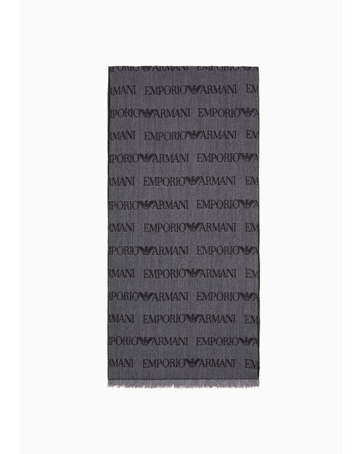 Emporio Armani Gray Virgin-wool Blend Scarf With Jacquard Logo Lettering And Fringes for men