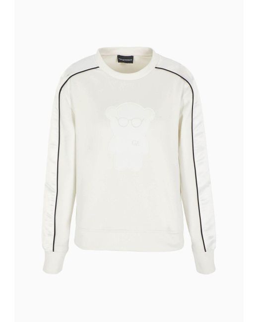 Emporio Armani White Shiny Interlock Fabric Sweatshirt With Piping And Oversized Manga Bear Patch