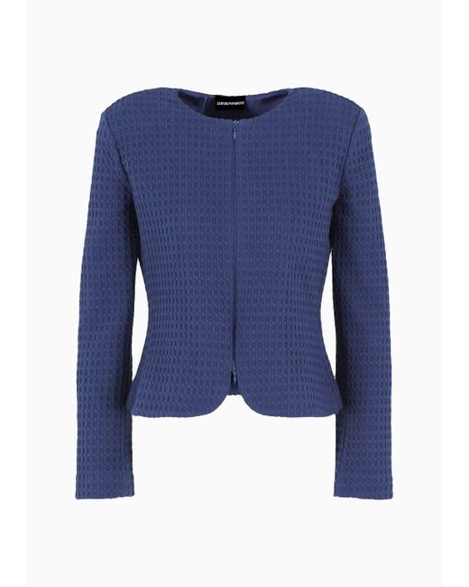 Emporio Armani Blue Waffle-effect Knit Jacket With Zip And Peplum