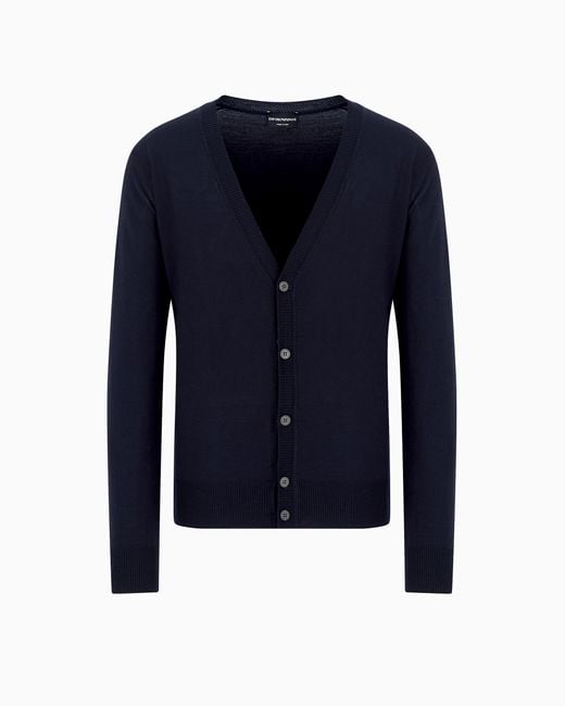Emporio Armani Blue Plain-Knit, Virgin-Wool V-Neck Cardigan for men
