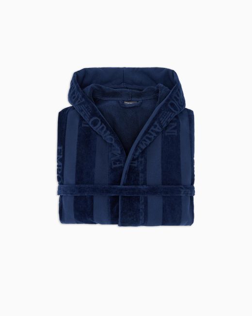 Emporio Armani Blue Striped Terrycloth Bathrobe With Logo