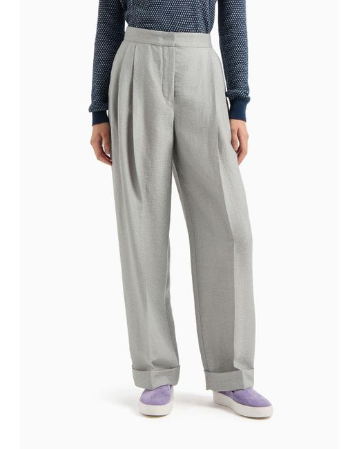 Emporio Armani Gray Icon Asv Trousers With Turn-ups In A Flowing Linen And Lyocell Blend Armure Fabric