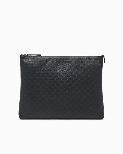 Emporio Armani Black Leather Document Holder With All-Over Embossed Eagle for men