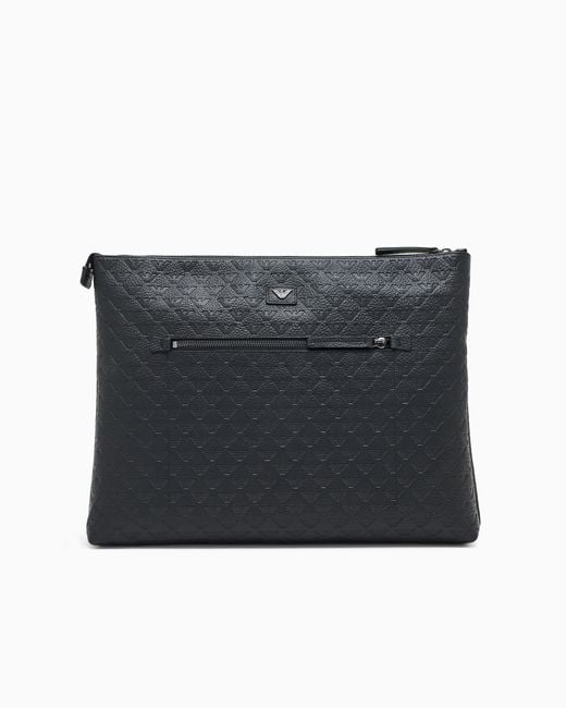 Emporio Armani Black Leather Document Holder With All-Over Embossed Eagle for men