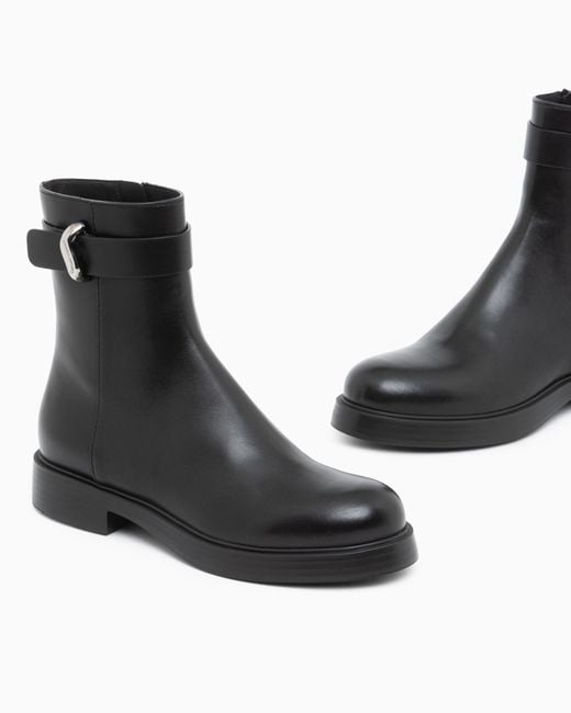 Emporio Armani Black Leather Ankle Boots With Side Zip And Buckled Strap