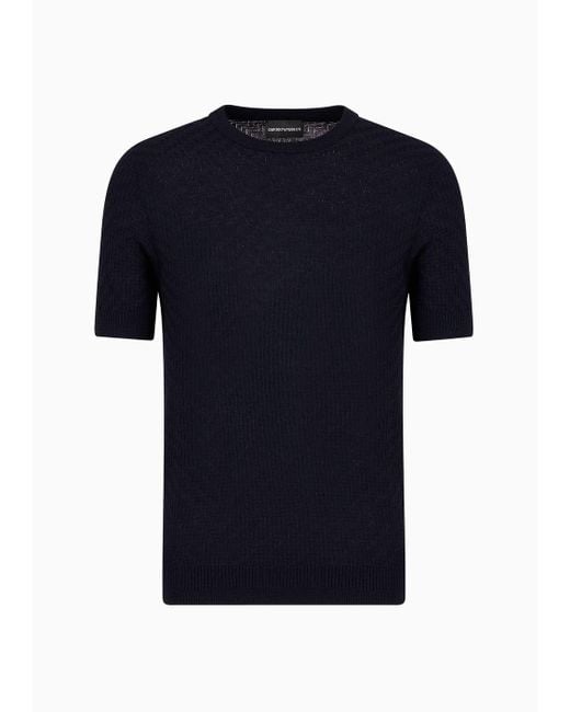 Emporio Armani Blue Asv Wool And Lyocell-blend Jumper In A Front And Back Plain Knit for men