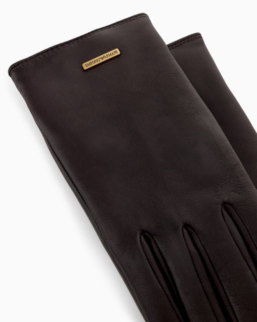 Emporio Armani Black Leather Gloves With A Metal Logo Plate And Wool Lining for men