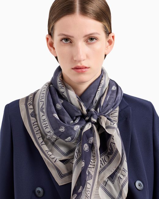 Emporio Armani Blue Pure Silk Foulard With An Icon All-Over Abstract Pattern