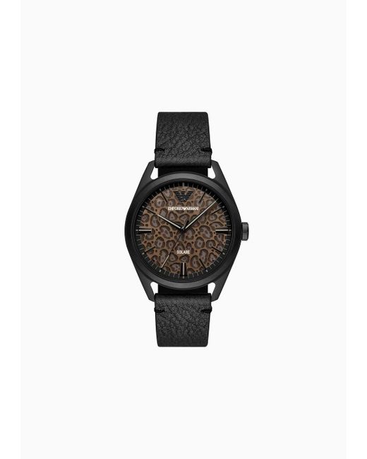 Emporio Armani Solar-powered Three-hand Black Leather Watch for men