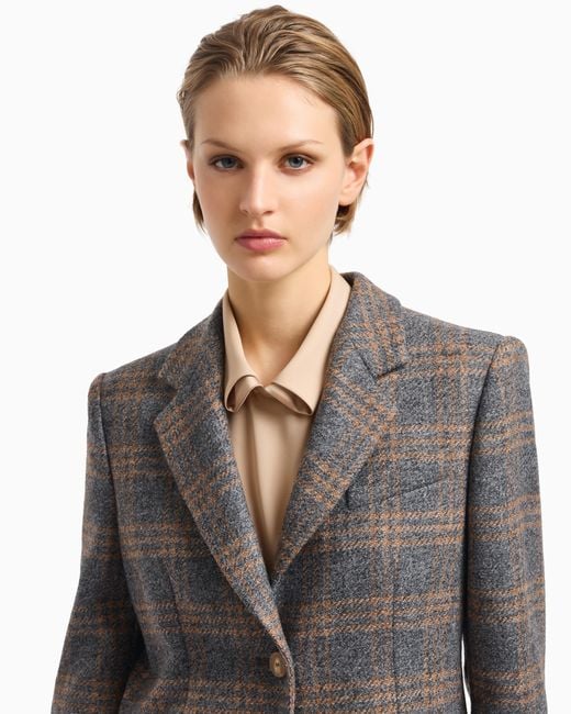 Emporio Armani Gray Icon Virgin-Wool Blend Single-Breasted Blazer With Check Motif