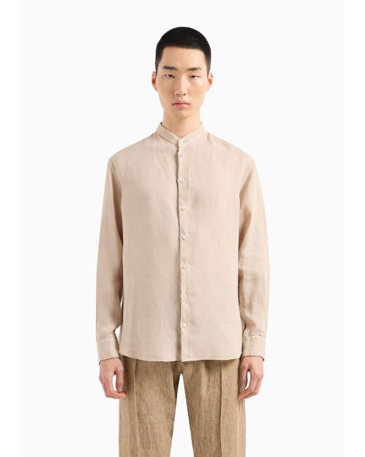 Emporio Armani Natural Garment-dyed Linen Shirt With Guru Collar for men