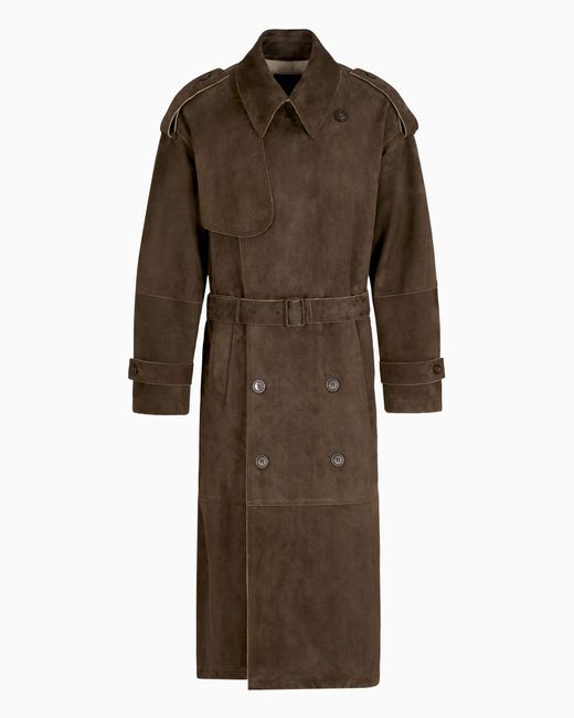 Emporio Armani Brown Goat Suede Oversized Double-Breasted Trench Coat for men