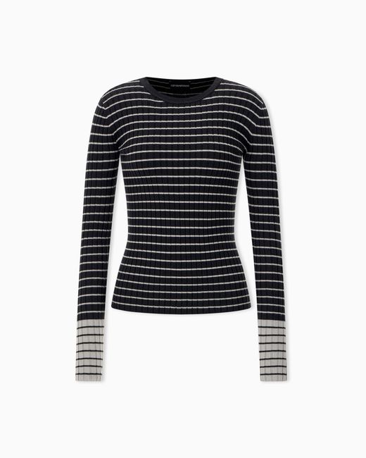 Emporio Armani Blue Slim Fit Ribbed Pullover With Crew Neck And Striped Pattern