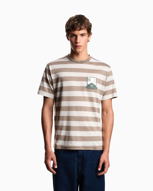 Emporio Armani Gray Eagle Club Striped Jersey T-Shirt With Patch for men