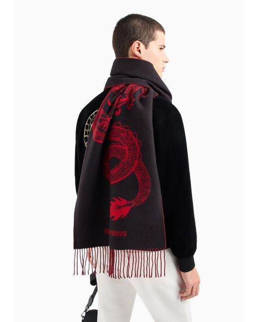 Emporio Armani Red Virgin-wool Scarf With Jacquard Dragon