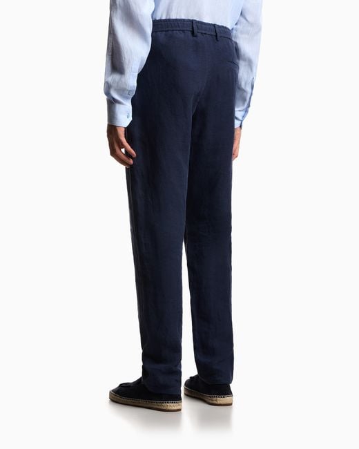 Emporio Armani Blue Crêpe-Effect Faded Linen Trousers With Pleats for men