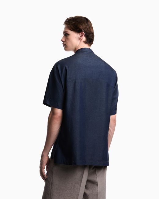 Emporio Armani Blue Denim Capsule Collection Comfort-Fit Lyocell-Blend Chambray Shirt for men