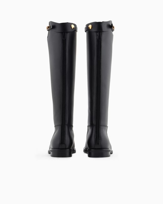 Emporio Armani Black Leather Boots With Strap And Eagle Plate