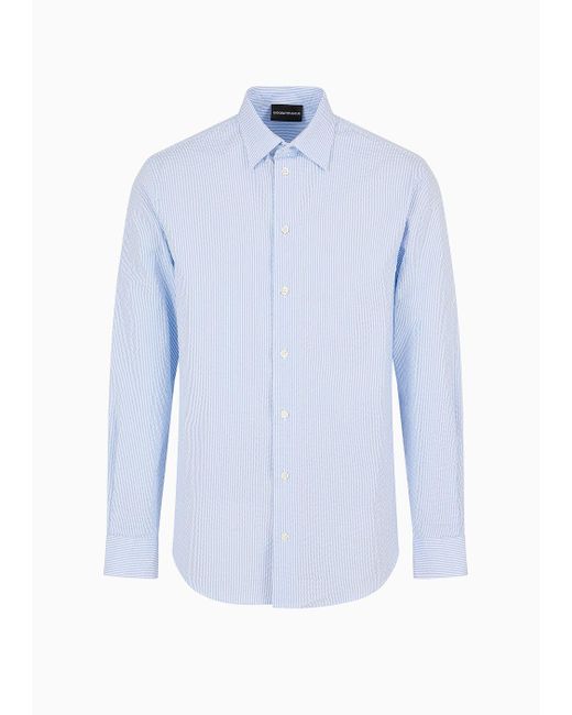 Camicia Collo Classico In Seesucker Di Cotone di Emporio Armani in Blue da Uomo
