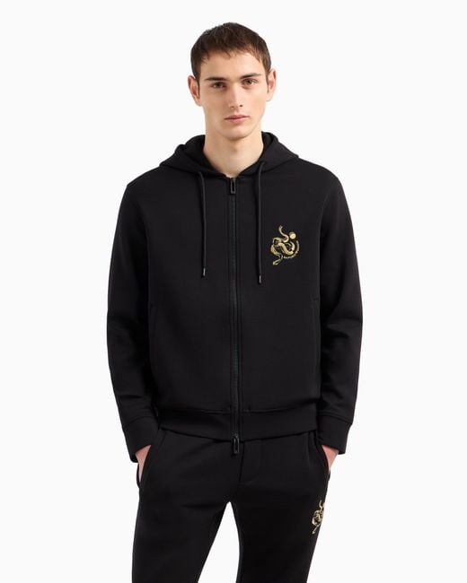Emporio Armani Black Asv Double-Jersey Hooded Zip Sweatshirt With Lunar New Year Embroidery for men