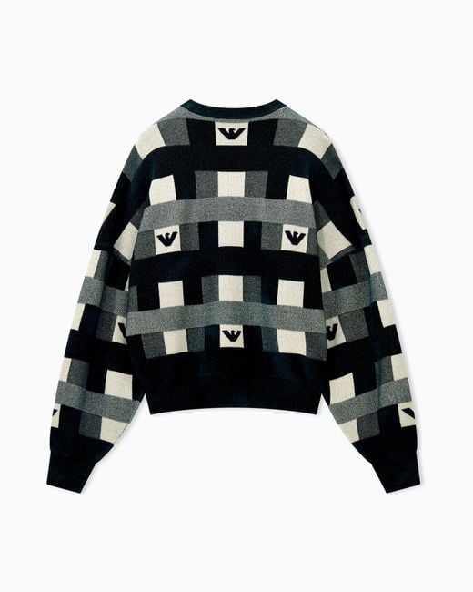 Emporio Armani Black Crew Neck Pullover With Checkered Inlay Graphic And Logo