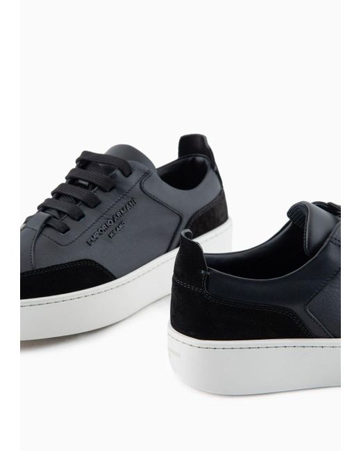 Emporio Armani Black Leather Sneakers With Suede Details And Embossed Logo